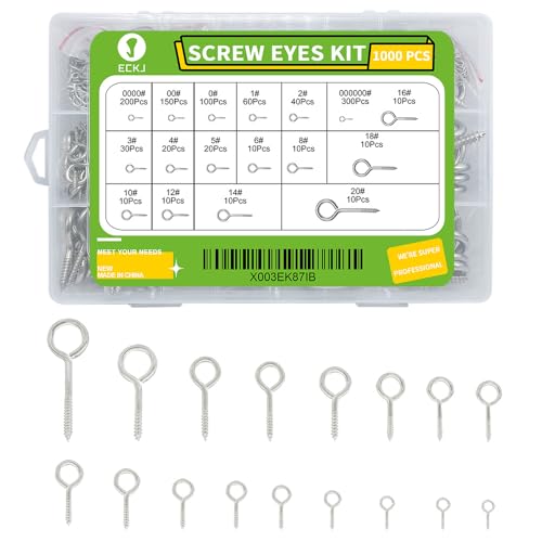 1000Pcs Screw Eyes Assortment Kit Silver Nickel Plated Eye Hooks Eye Bolts Metal Eye Pins Eyelet Screw Loops for Hanging Sign, Wind Chime, Jewelry Making 17 Sizes Mini to Large