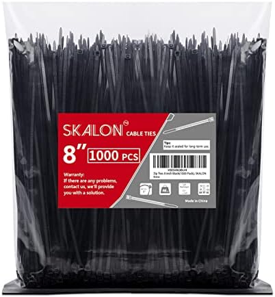Zip Ties 8 inch (1000 Pack), 40lbs Tensile Strength, Black Cable Ties, Wire Ties for indoor and outdoor use, by Skalon