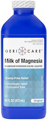 GeriCare Milk of Magnesia, Magnesium Hydroxide 1200mg| Fast Overnight Constipation Relief| Cramp-Free Saline Laxative & Stool Softener| Antacid for Heartburn & Indigestion| Original Flavor| 16 Fl Oz
