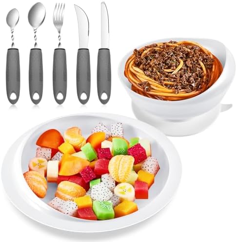 2 Sets Adaptive Utensils Bowl and Plate Set Adaptive Self Feeding Dinnerware with Suction Base Non Slip Bendable Cutlery for Elderly Disabled Hand Tremors Arthritis Parkinson(White)