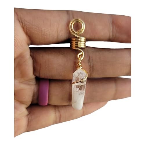 1 Quartz Crystal Loc Jewelry, Dreadlock Beads Copper Wire Wrapped Hair Coils Natural Gemstones Adornment for Women Braids Hair Decoration Accessories (Gold)