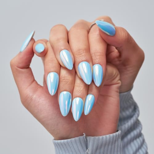 GLAMERMAID Press on Nails Medium Almond Metal Blue, Chrome Pearl Handmade Jelly Soft Gel Fake Nails Stiletto, Glossy Glue on Nails Short Oval, Reusable Acrylic Stick on False Nails Kit for Women
