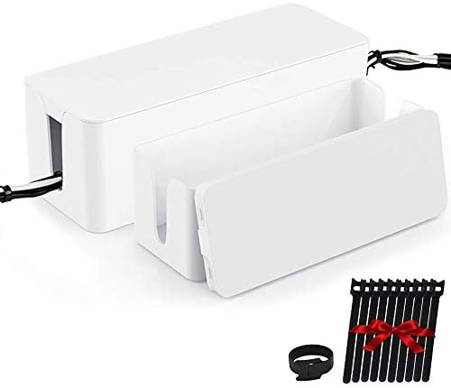 Cable Management Box Organizer, Pack of 2 Wire Concealer to Cover Hide Surge Protector & Power Strip on Desk Floor, with 5 Cord Fastening Tapes for Office, Home, Kitchen (Ice White)