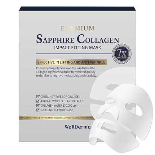 WELLDERMA Sapphire Collagen Face Mask 4ea – Korean Hydrogel Mask with 7 Collagen Types & 400Da Technology – Overnight Hydrating, Firming, and Cooling for Glass Skin