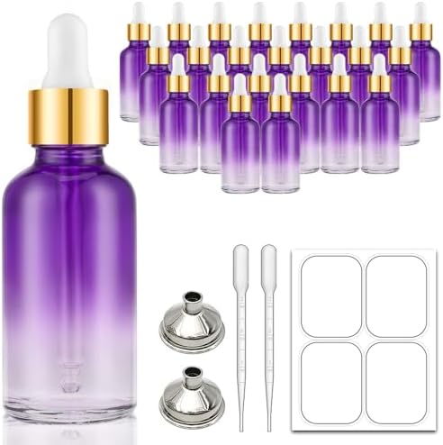 2 oz Dropper Bottle, Purple Glass Eye Dropper Bottles with Golden Top Cap for Essential Oils, 24 pack Tincture Bottle with Labels and Funnel