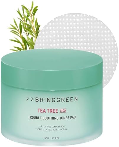 BRING GREEN Tea Tree CICA Soothing Toner PAD | Korean Daily Skincare Routine with Mild Formula, Cooling for Soothing and Hydrationg Effect, Vegan Certified Toner Pads 90 Count, 5.29 Fl. OZ.