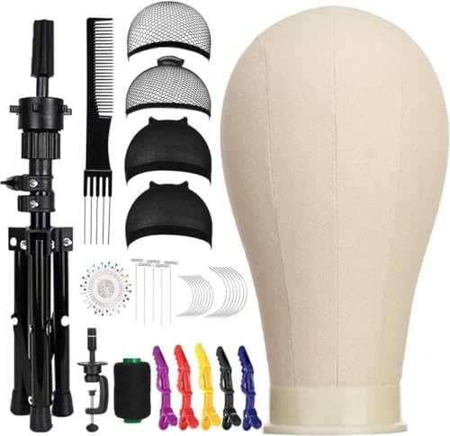 23 Inch Canvas Block Wig Head, Wig Stand Tripod with Head, Mannequin Head for Wigs, Manikin Head Block for Wigs Making Display with Wig Caps, T Pins C Bristle Brush
