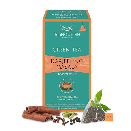 TeaNOURISH Darjeeling Masala Green Tea | 20 Count Pyramid Tea Bags | Whole Leaves | Blended with Cardamom, Cinnamon, Black Pepper & Clove | 100% NATURAL INFUSION