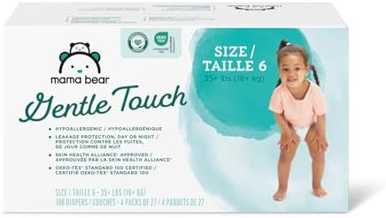 Amazon Brand - Mama Bear Gentle Touch Diapers, Hypoallergenic, Size 6, 108 Count (4 packs of 27), White