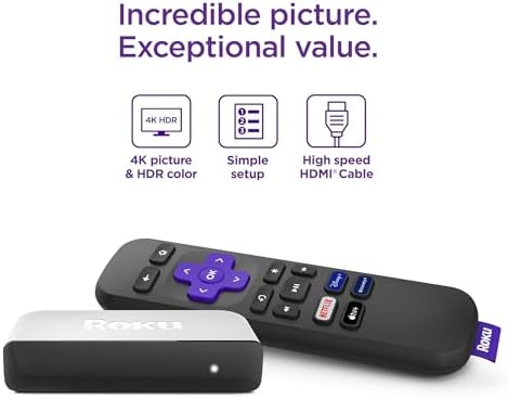 Roku Premiere Streaming Media Player HD/4K/HDR Simple Remote and Premium HDMI Cable, Black & Bundle Swanky Cables HDMI Cable, 3920R