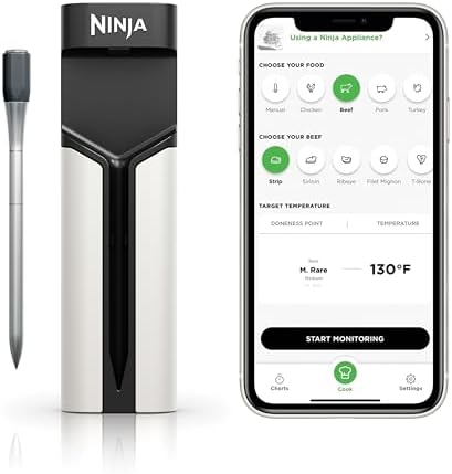 Ninja Meat Thermometer ProChef Wireless Probe for Indoor & Outdoor Air Fryer, Grill, Cooking, Smoker, Oven, Roaster, Long Range Bluetooth App Connection, Flareup Resistant, Waterproof, US Only, WP100