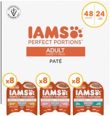 IAMS Perfect Portions Adult Wet Cat Food Paté Variety Pack, Chicken, Salmon, and Tuna Recipes, 2.6 oz. Easy Peel Twin-Pack Trays (24 Count, 48 Servings)