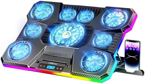 ChillCore Laptop Cooling Pad, RGB Lights Laptop Cooler 9 Fans for 15.6-19.3 Inch Laptops, Gaming Laptop Fan Cooling Pad with 8 Height Stands, 2 USB Ports - A21 Blue