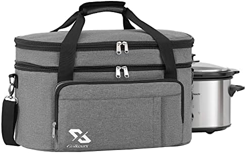 Golkcurx Double Layer Slow Cooker Bag for 6-8 Quart Oval CrockPot and Hamilton Beach Models, with Padded Adjustable Strap, Top Zip Compartment, and Front Pocket for Utensils(Bag Only)