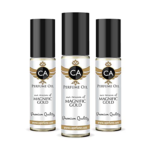 CA Perfume Impression of Yves S. Lauren Magnific Gold For Women & Men Replica Fragrance Body Oil Dupes Alcohol-Free Essential Aromatherapy Sample Travel Size Long Lasting Attar Roll-On 0.3 Fl Oz-X3