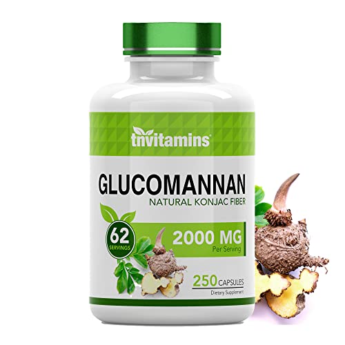 tnvitamins Glucomannan Capsules 2000 MG - 250 Count | Natural Konjac Root Fiber Extract Powder Supplement | Soluble, Dietary, & Digestive Fiber Pills | Produced in The USA | Non-GMO & Gluten Free