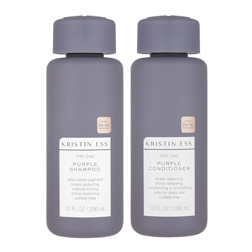 Kristin Ess Hair Purple Shampoo and Conditioner Set for Blonde, Brunette, Silver + Gray Hair, Anti Brass + Yellow Tones, Safe for Color Treated Hair, Sulfate Free Toning Shampoo Conditioner