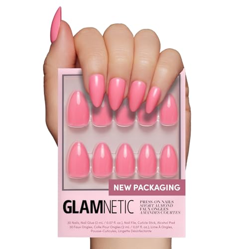 Glamnetic Press On Nails - Flamingo Pink | Opaque Classic Pink Short Almond Fake Nails, Reusable | 15 Sizes - 30 Nail Kit