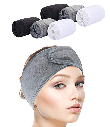 SINLAND Spa Headband for Women 6 Counts Ultra Soft Adjustable Makeup Hair Band with Magic Tape, Stretch Head Wrap for Bath, Shower, Facial Mask, Yoga