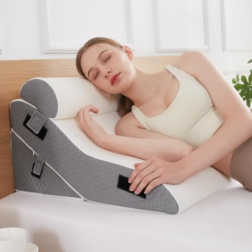 Bed Wedge Pillow for Sleeping 3 PCS - 35D Foam Wedge Pillow Post Surgery for Back Leg Pain Relief - 22.5" Wide Triangle Pillow Wedge for Acid Reflux & Snoring & GERD (White Grey)