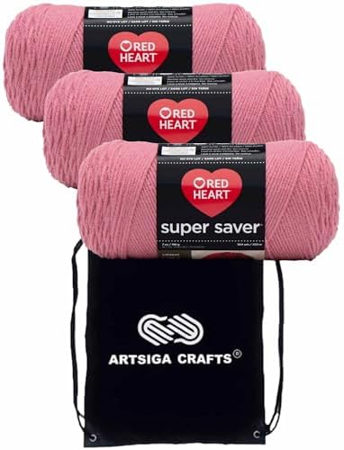 Red Heart Super Saver Light Raspberry E300-774 (3-Skeins - Same Dye Lot) Worsted Medium #4 Acrylic Yarn for Crocheting and Knitting with Project Bag