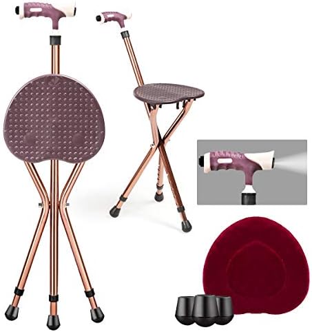 Goplus Walking Cane with Seat, Heavy Duty Aluminum Alloy Crutch Chair with LED Light and Retractable 3 Legs, Portable Anti-Slip Seat Cane, Lightweight Walking Stick for Seniors Elderly