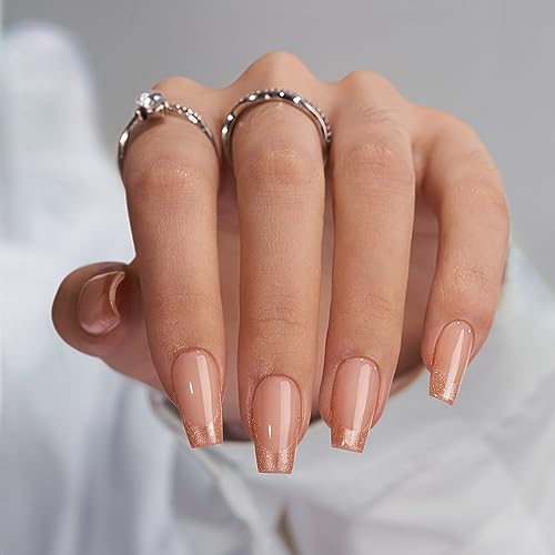 BTArtbox Press on Nails Coffin - Gold Rose French Tips Press On Nails Short for Women, Cat Eye Nail Tips, Glitter Fake Nails with Glue, Glue On Nails in 16 Sizes - 30 Nail Kit, Gold Dust