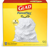 Glad Trash Bags, ForceFlex Tall Kitchen Drawstring Garbage Bags (Package May Vary), White, 13 Gallon, 90 Count