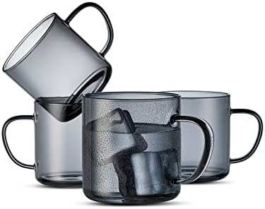 LUXU 4pcs Set Simple Glass Coffee Mugs-Hand Blown&Seamless Design,14 oz Grey Coffee Cups-Heat Resistant and Explosion-Proof,Lightweight Tea Mugs with Anti Scald Handle Ideal for Home,Cafe,Coffee Bar