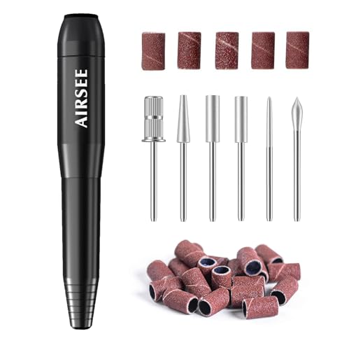 AIRSEE Electric Nail Drill, Portable USB Nail EFile Machine for Beginners, Nail File Manicure Pedicure Dremel Kit with 6 Bits 26 Sanding Bands for Home Acrylic Gel Nails Polishing DIY Black N14