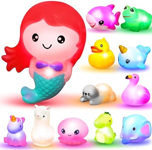 JOYIN 12 PCS Light Up Bath Toys, Toddler Flashing Colourful LED Bathtub Mermaid Toy, Baby Bathtime Floating Rubber Shower Gifts for Infant Kids Boy Girl Birthday Valentines Swimming Pool Party