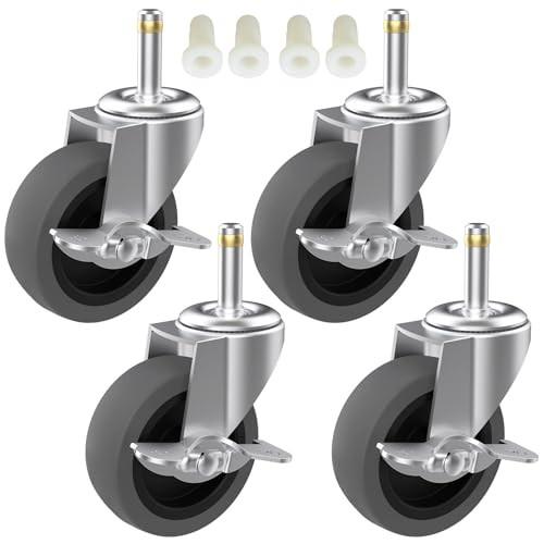 4-Inch Swivel Stem Caster for Rubbermaid Mop Bucket Utility Cart, 7/16-Inch Stem Diameter Rubber Wheel Set of 4 with Side Brake, Heavy Duty TPR Weber Grills Shop Vac Replacement Wheels