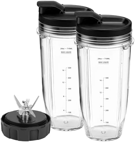 Blender Replacement Parts 24oz Ninja Blender Cups with To-Go Lids, 7 Fins Extractor Blade, Compatible with Nutri Ninja Auto iQ Blenders BL2012 BN801 BL480 BL642 BL682 NN102 NN100