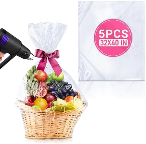 5Pcs Gift Basket Wrapping Plastic Bags - 32"x40" Gift Basket Shrink Wrap Bags for Gift Baskets Raffle Basket Wrap - Gift Basket Wrap Clear Basket Wrapping Bags Large Cellophane Bags for Gift Baskets