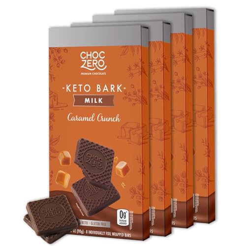 ChocZero Caramel Crunch Keto Bark, Milk Chocolate, No Added Sugar, Gluten Free, Low Carb, 3.2 Ounce (Pack of 4)