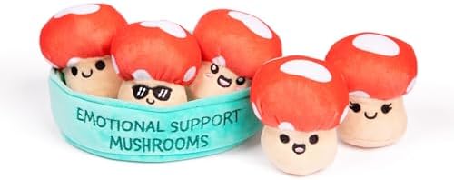 Emotional Support Mushrooms by Relatable, Cuddly Stuffed Animals and Toys, Squishy Toys and Plushies, Great Gift Ideas for Loved Ones of All Ages, Includes 5 Mushroom Plushies with Carrying Basket