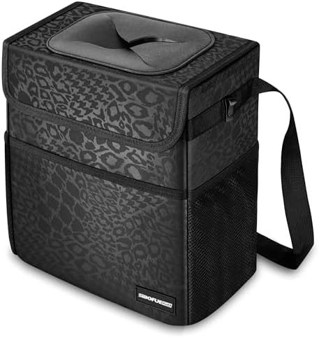 Cute Car Trash Can with Lid - Leak Proof Bag Hanging Waterproof Garbage Storage Pockets Multipurpose Collapsible Organizer, 2.5 Gallons (Black Leopard)