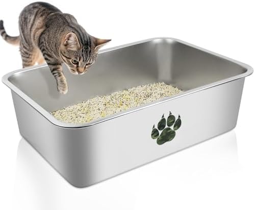 Stainless Steel Cat Litter Box, High Side Cats Toilet Metal Litter Box, Pet Cleaning Tool for Cats, Rabbits, Splash-Proof and Non-Stick Cat Poop Box odorless, Camo Paws 23.6" x 15.7" x 5.9"