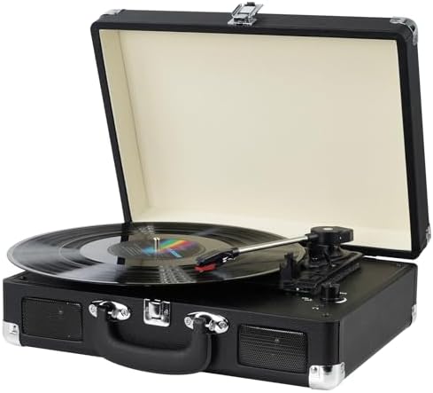 Vinyl Record Player, 3 Speeds Belt Driven Suitcase Portable Turntable for Vinyl Records with Built-in Speakers/RCA Output/Aux in/Headphone Jack/ 45 Adapter Black