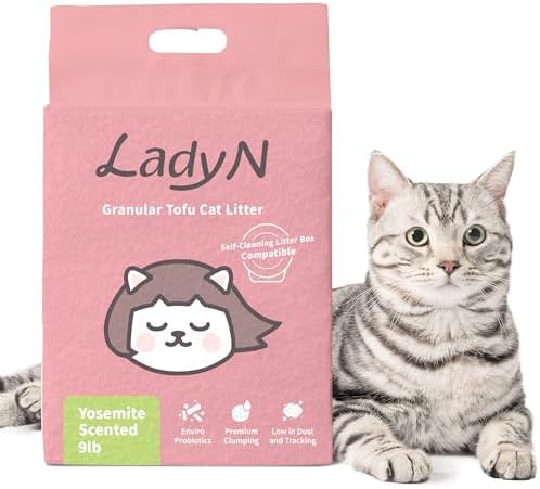Lady N Granular Tofu Cat Litter Mini-Pellet Compatible with Automatic Self-Cleaning Cat Litter Box, Premium Clumping Ultra Absorbent Natural Litter, Low Tracking, Odor Control (Yosemite Scented) 9lb