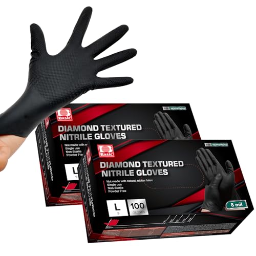 Jointown Basic Heavy Duty Nitrile Gloves Black Mechanic Gloves Large, 8 Mil Nitrile Disposable Gloves with Raised Diamond Texture, Latex Free, Powder Free Industrial Automotive Gloves Box of 200