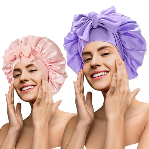 2Pc Silk Bonnet Satin Hair Bonnet With Tie Band for Sleeping Large Bonnets Hair Wrap with Adjustable Straps Hair Shower Cap for Women Curly Braid Hair(Purple+Pink)