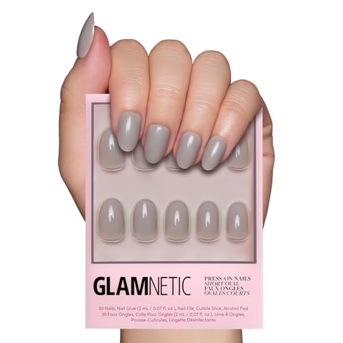 Glamnetic Press On Nails - Pure Gray | Opaque Light Gray Short Oval False Nails, Reusable Stick On Fake Nails with Glue | Salon Quality | 15 Sizes - 30 Nail Kit