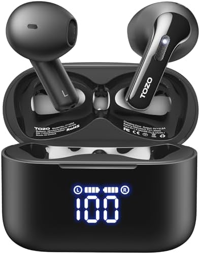 TOZO T21 Wireless Earbuds Bluetooth 5.3 in Ear Headphones Dual Mic Call Noise Cancelling IPX8 Waterproof 44H Playback Stereo Sound with LED Display Wireless Charging Case 32 EQs via APP Black
