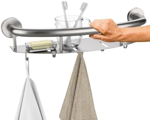 Munzong 18 Inch Shower Grab Bar w/Storage Shelf, Stainless Steel 2 in 1 Bathroom Grab Bar, Wall Mount Balance Bar, Safety Hand Rail Support Handicap Elderly Injury Senior Assist Bath Handle