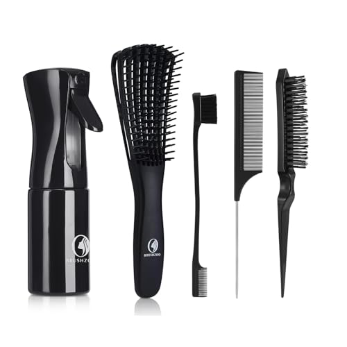 BRUSHZOO Hair Brush Set, Hair Brushes for Women Men kid Wet Dry All Hair Detangling Parting Styling, Brush Set with Detangler Brush, Edge Brush, Teasing brush, Rat Tail Comb (Black)