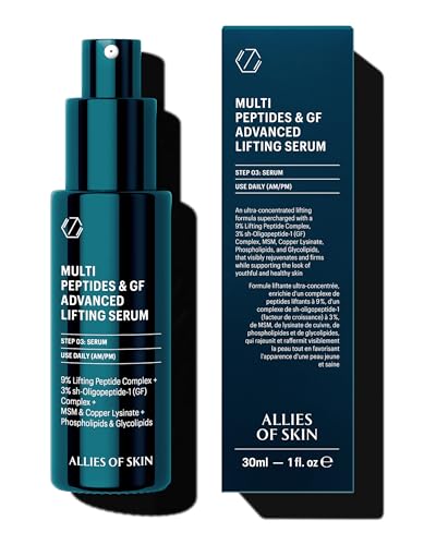Allies of Skin Multi Peptides & GF Advanced Lifting Serum with 3% sh-Oligopeptide-1 (Growth Factor) Complex, 9% Lifting Peptide Complex, MSM, Copper Lysinate, Phospholipids & Glycolipids. 30 ml/ 1 oz