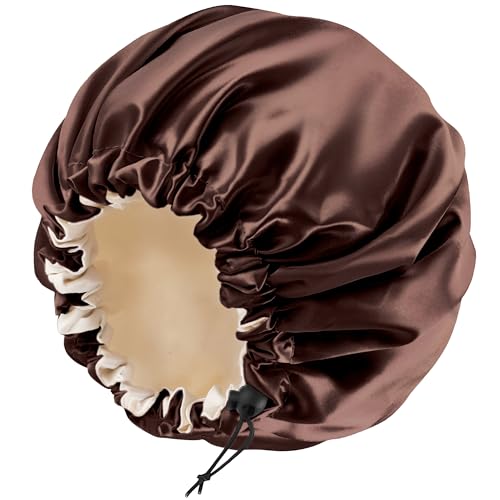 Satin Bonnet Silk Bonnet for Curly Hair Bonnet Braid Bonnet for Sleeping Bonnets for Women Large Double-Layer Adjustable Brown