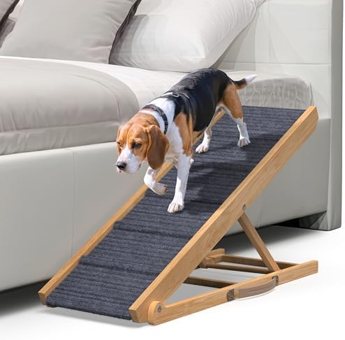 PATHOSIO Dog Ramp for Bed Portable Dog Ramp for Couch, Folding Dog Ramp for All Breeds Real Wooden Ramp for Dogs To Get on Bed, Adjustable Large Dog Bed Ramp (Natural Wood - Grey Carpet, Medium-large)