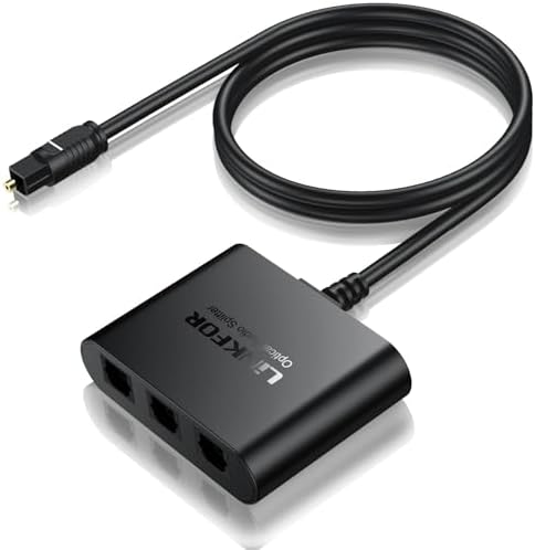 LiNKFOR Optical Cable Splitter 1x3 SPDIF Toslink Optical Splitter with 1PCS Optical Audio Cable Toslink Splitter 1 in 3 Out Support LPCM 2.0 DTS Dolby-AC3 Compatible with PS3 DVD HDTV STB Etc